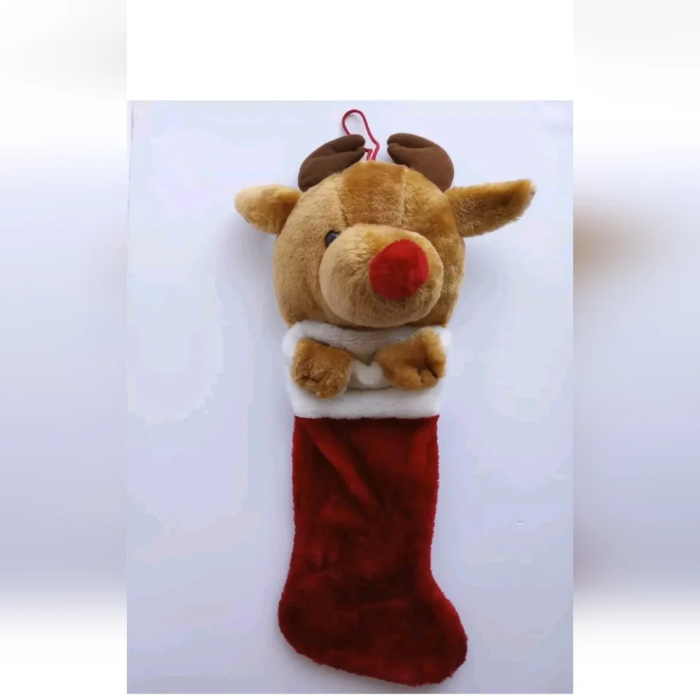 Vintage 3D Reindeer Stocking Plush Christmas Approx 21